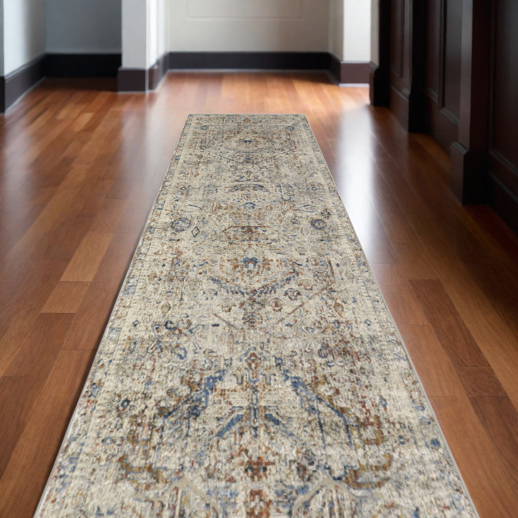 10' Red Tan and Blue Oriental Power Loom Worn Faded Runner Rug With Fringe