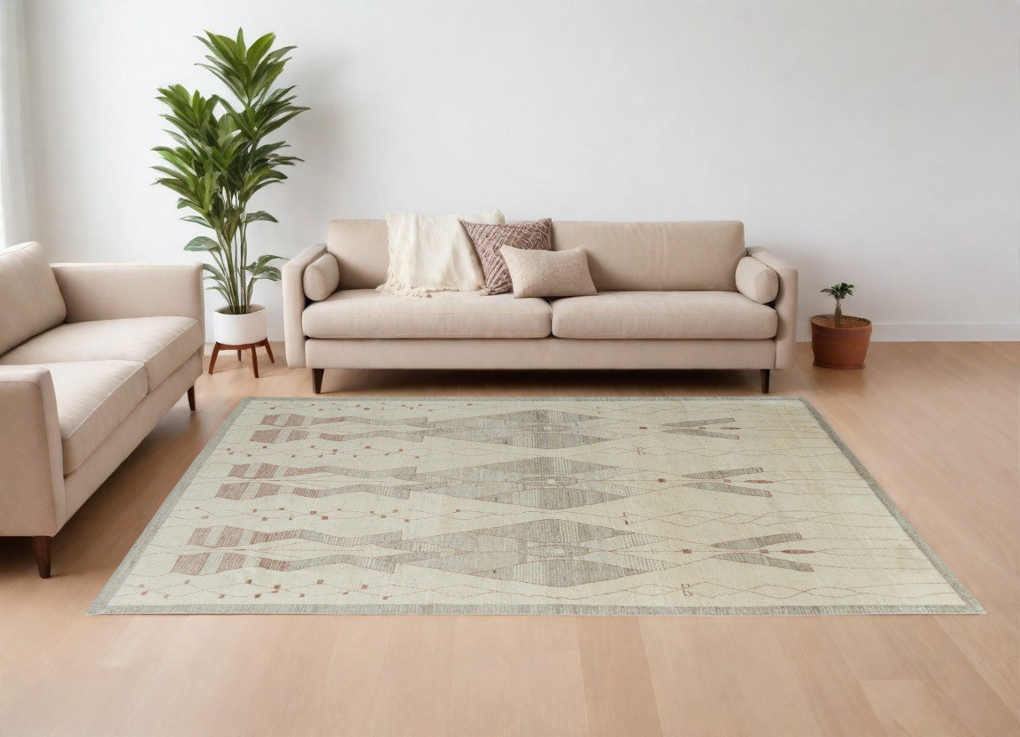 8' X 12' Gray and Red Wool Geometric Hand Knotted Area Rug