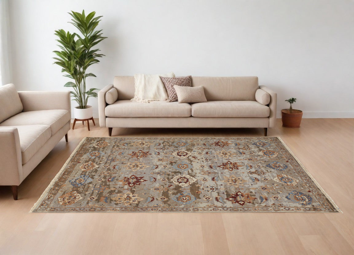 9' X 13' Tan Brown and Gray Wool Floral Hand Knotted Area Rug With Fringe