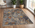 4' X 6' Blue Gray and Red Wool Floral Hand Knotted Area Rug With Fringe