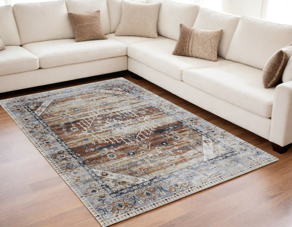 5' X 8' Ivory Red and Blue Abstract Power Loom Worn Faded Area Rug