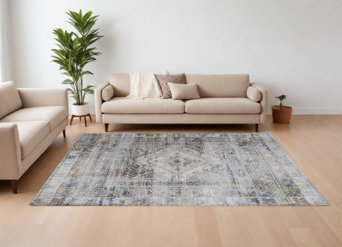 7' X 10' Gray Blue and Red Abstract Power Loom Worn Faded Area Rug