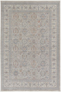 7' X 10' Silver Taupe and Blue Oriental Power Loom Worn Faded Area Rug With Fringe