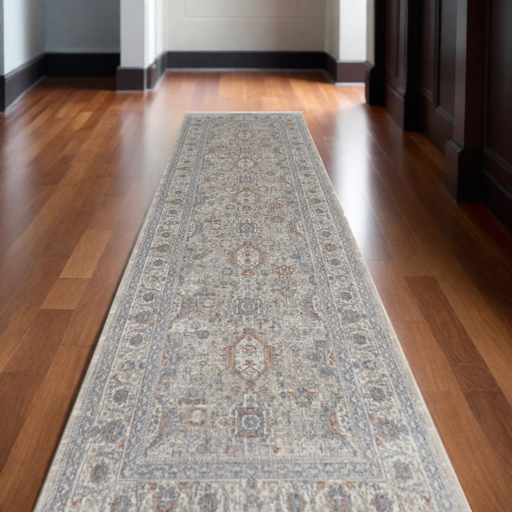 10' Silver Taupe and Blue Oriental Power Loom Runner Rug With Fringe