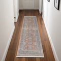 8' Blue and Red Oriental Power Loom Worn Faded Runner Rug With Fringe