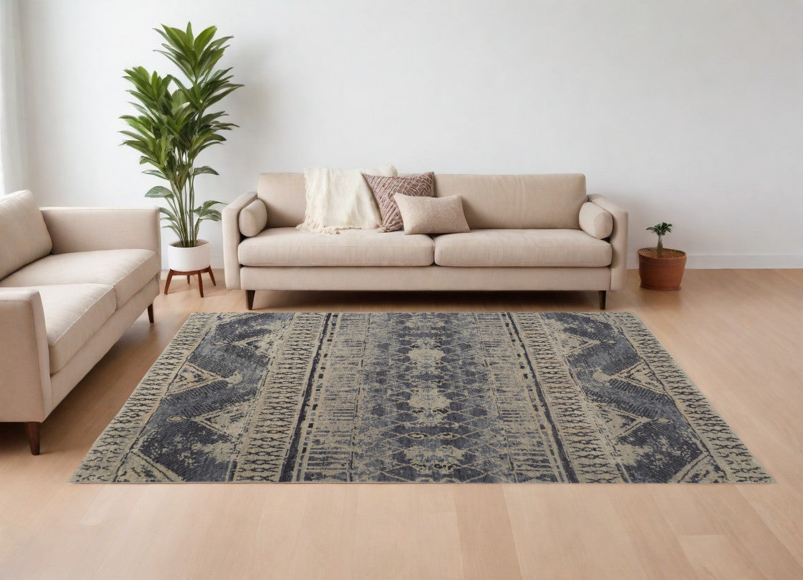 8' X 12' Gray Blue and Ivory Wool Floral Hand Knotted Area Rug