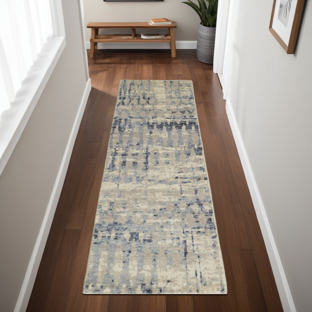 8' Gray Blue and Ivory Wool Abstract Hand Knotted Runner Rug
