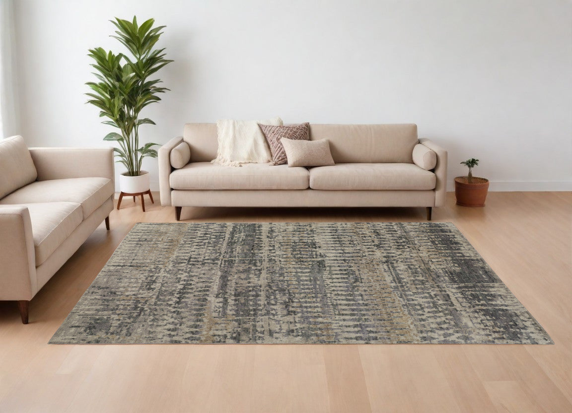 9' X 13' Gray Taupe and Ivory Wool Abstract Hand Knotted Area Rug