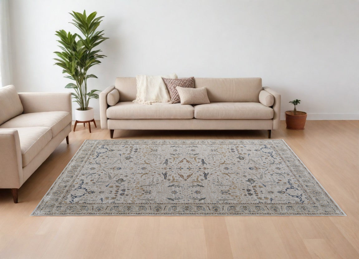 8' X 10' Gray Blue and Red Ikat Power Loom Worn Faded Area Rug With Fringe