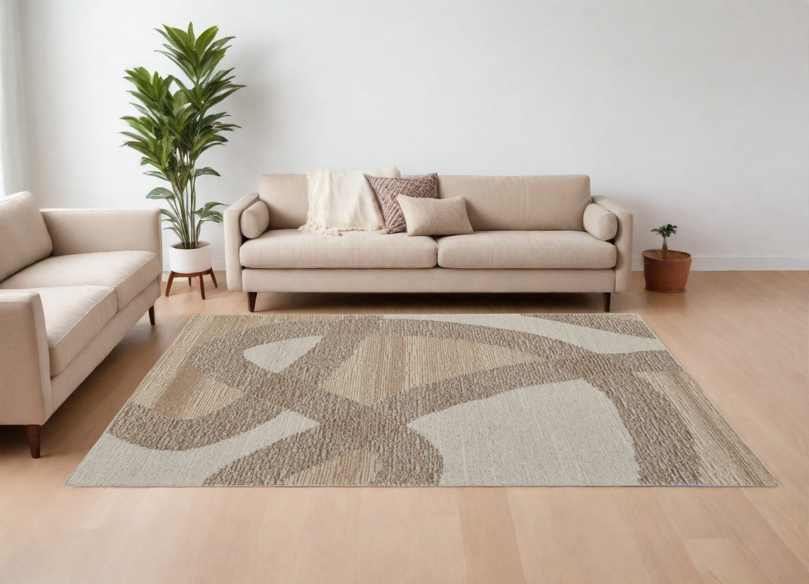 10' X 14' Brown Tan and Ivory Wool Abstract Hand Tufted Area Rug