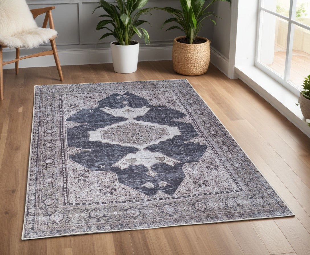 4' X 6' Gray Taupe and Ivory Oriental Power Loom Washable Area Rug