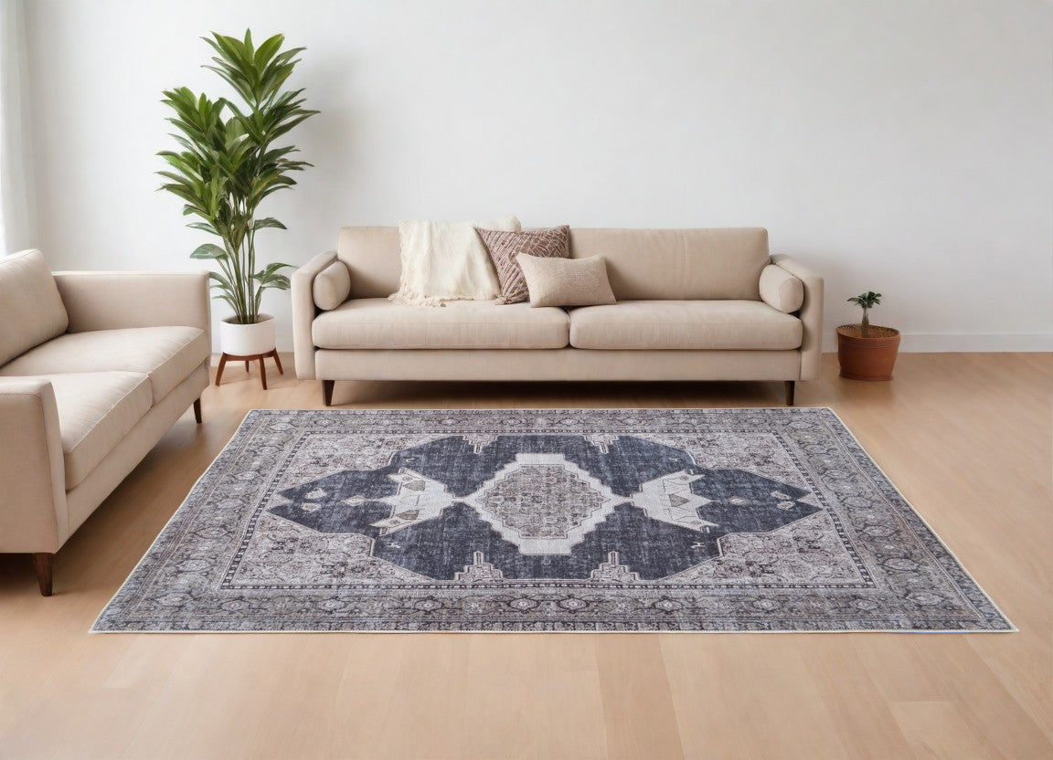 9' X 12' Gray Taupe and Ivory Oriental Power Loom Washable Area Rug