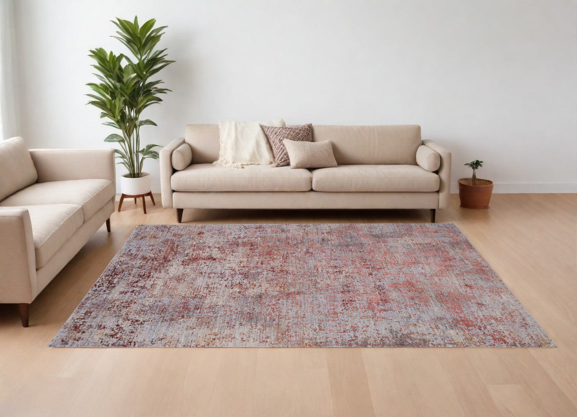 7' X 10' Red and Gray Abstract Power Loom Area Rug