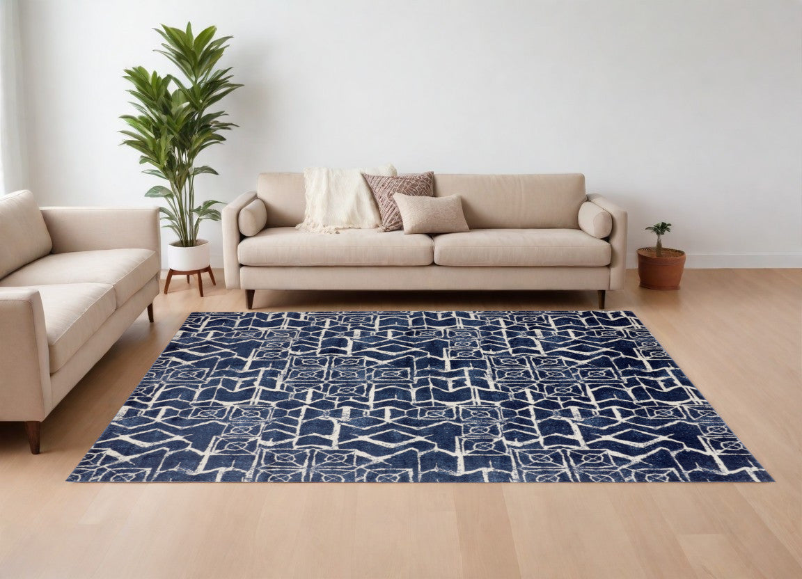 10' X 13' Blue and Ivory Geometric Power Loom Area Rug