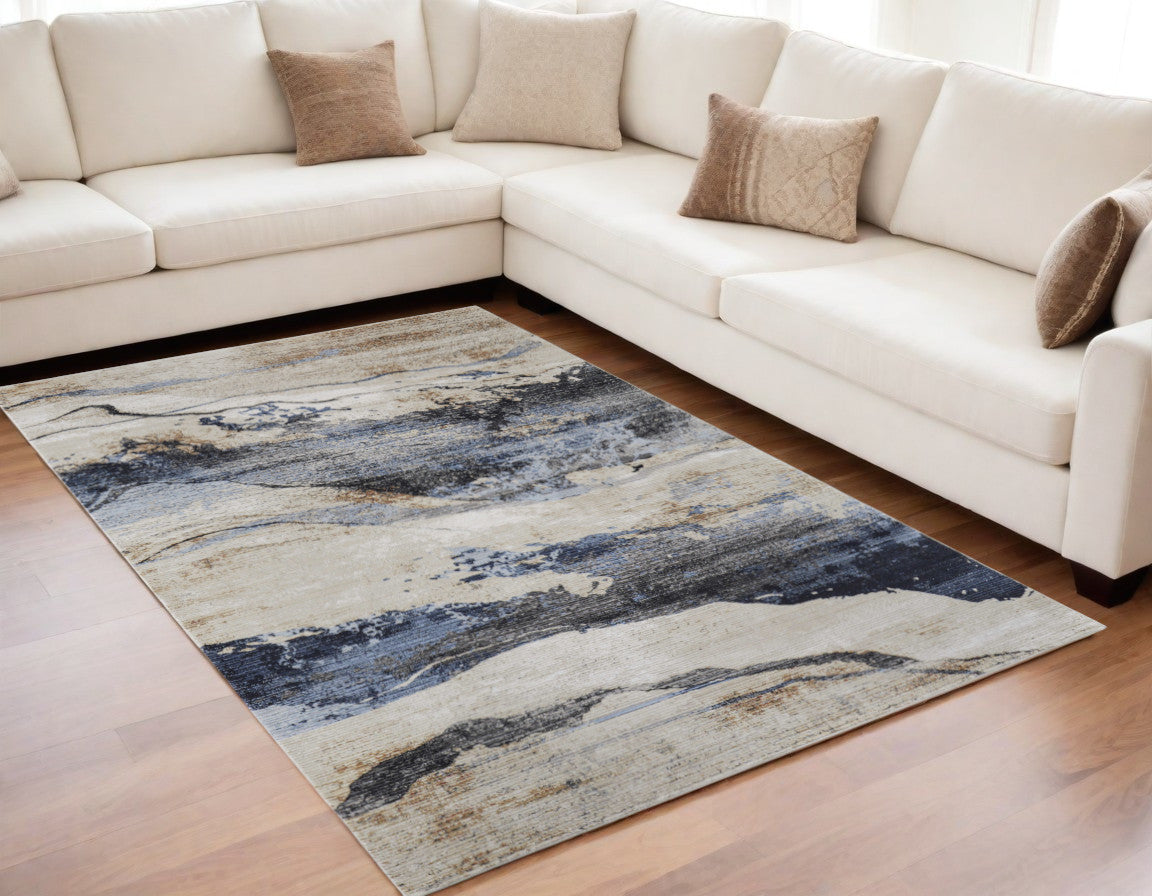 5' X 8' Blue Gray and Tan Abstract Power Loom Area Rug