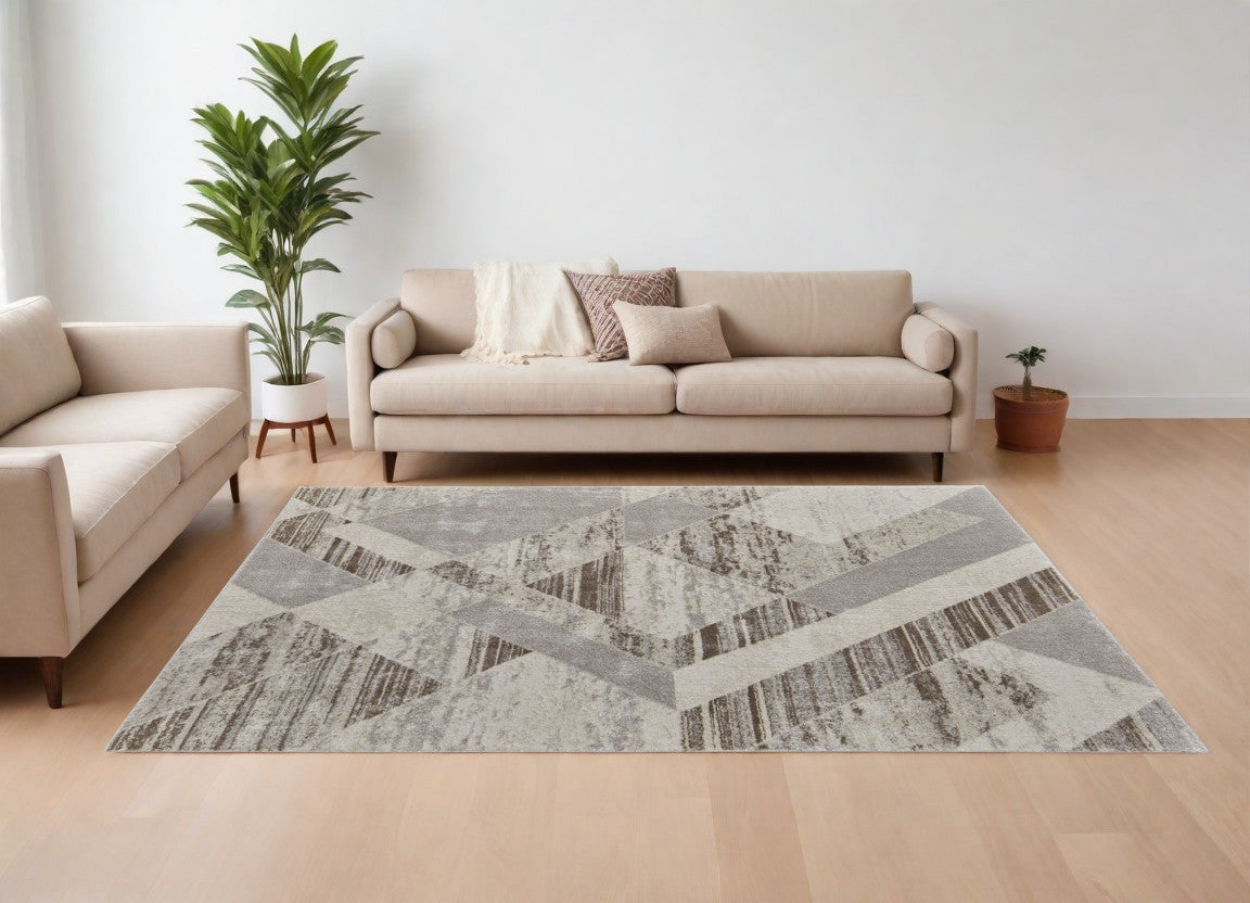 8' X 10' Ivory Gray and Brown Geometric Power Loom Area Rug