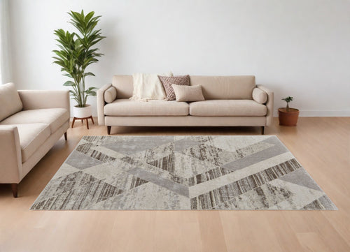 10' X 14' Ivory Gray and Brown Geometric Power Loom Area Rug