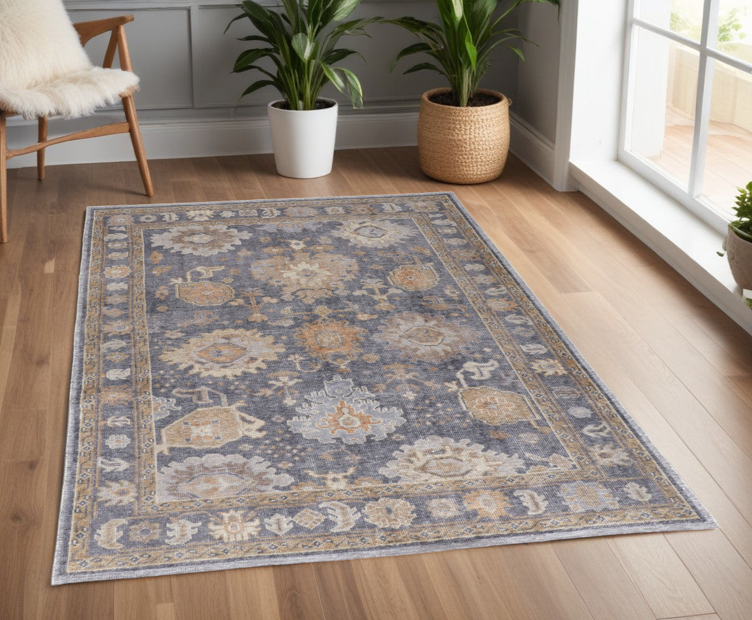 4' X 6' Blue Gray and Tan Oriental Hand Knotted Worn Faded Area Rug