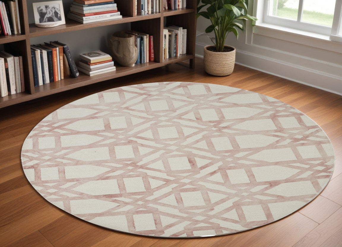 10' Pink and Ivory Wool Geometric Hand Tufted Round Rug