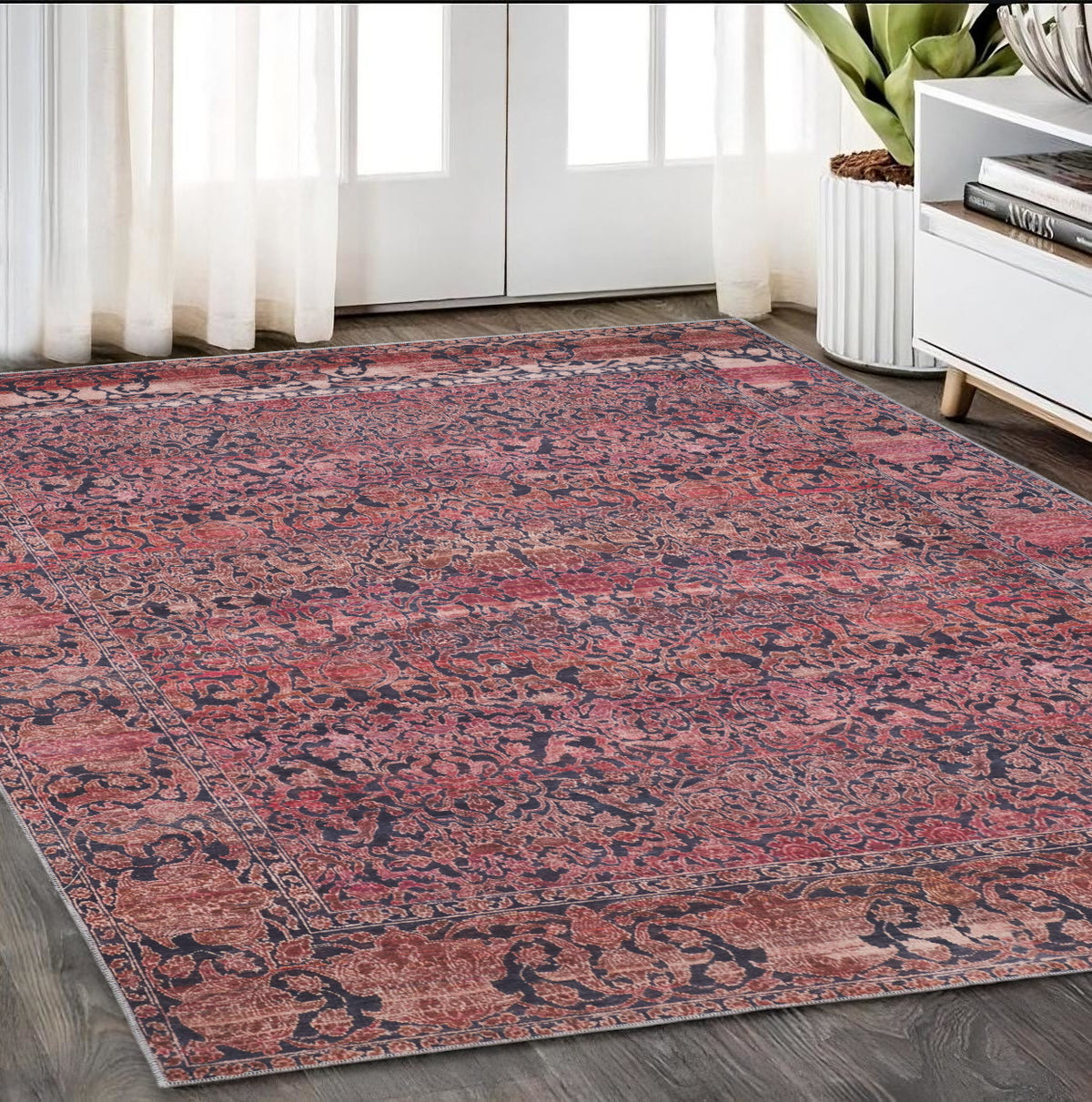 5' X 8' Red Gray and Orange Damask Power Loom Worn Faded Washable Area Rug