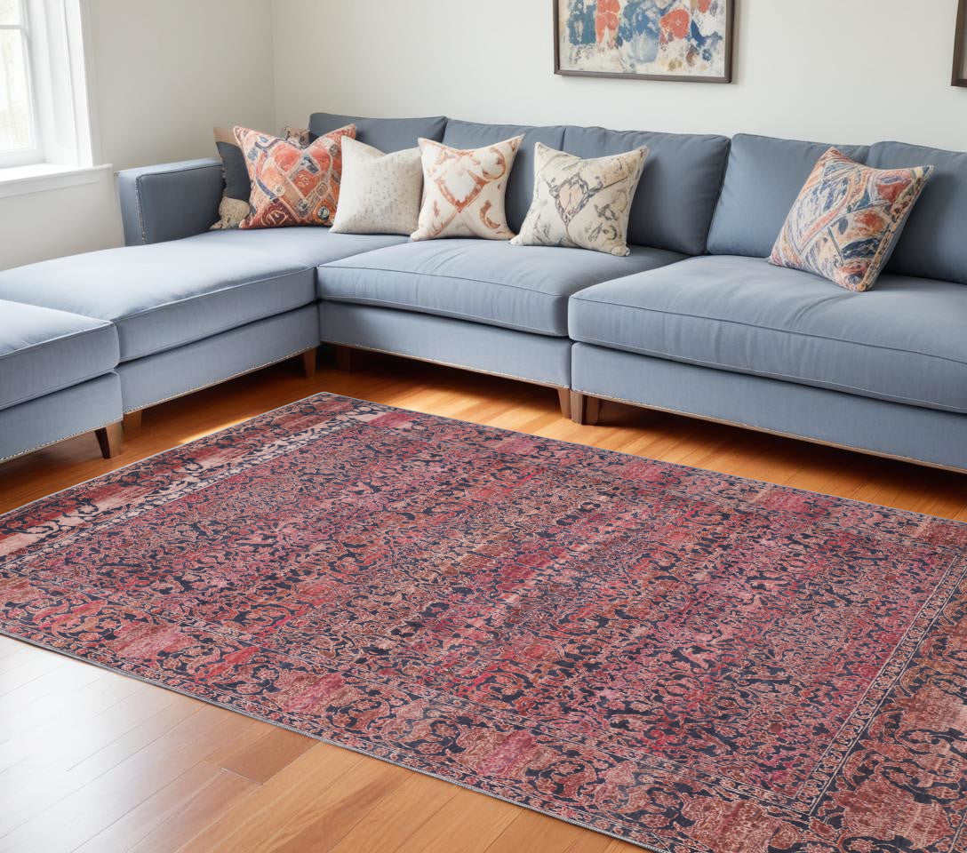 9' X 12' Red Gray and Orange Damask Power Loom Worn Faded Washable Area Rug