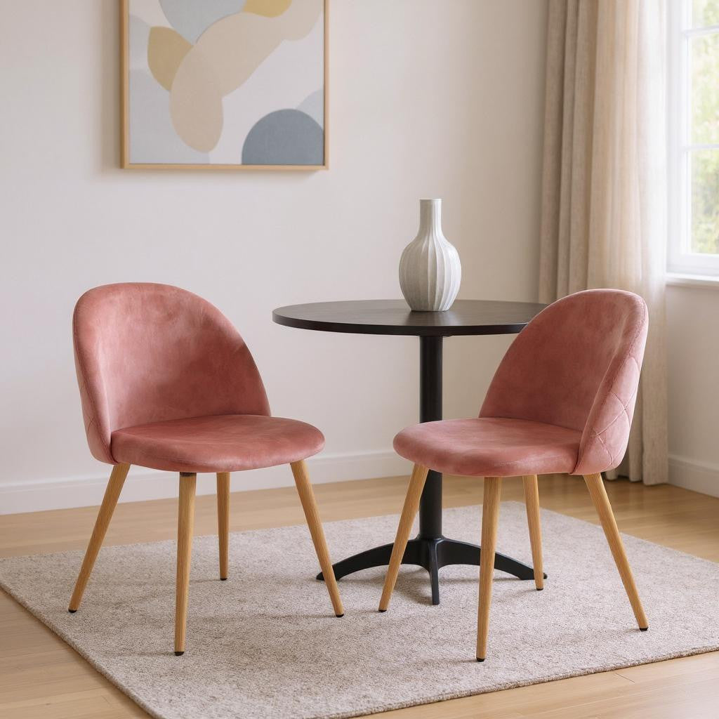 Set of Two Rose and Oak Velvet and Metal Dining Side Chairs