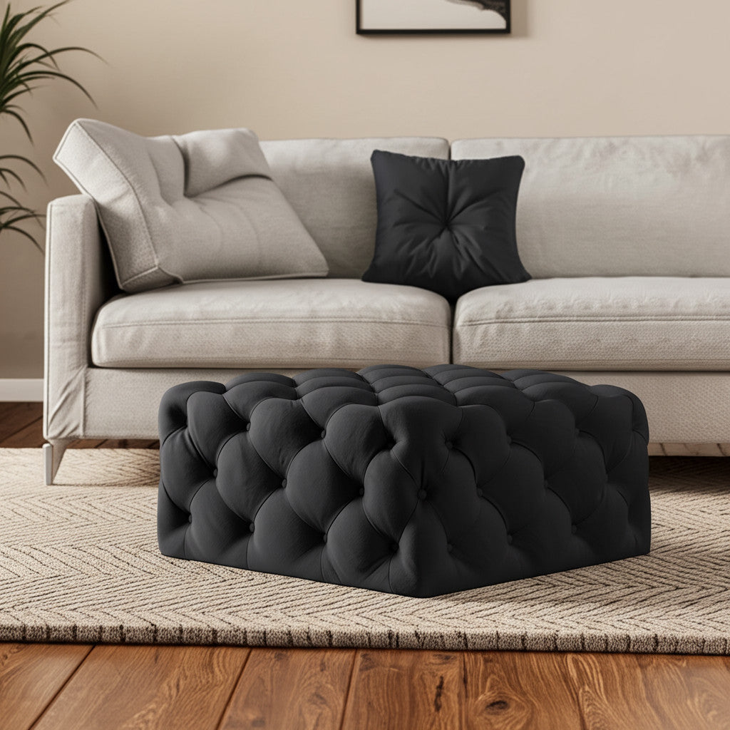 33'' Black Velvet Rolling Tufted Cocktail Ottoman