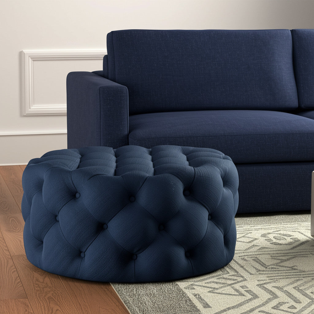 33'' Navy Blue Linen Tufted Round Cocktail Ottoman