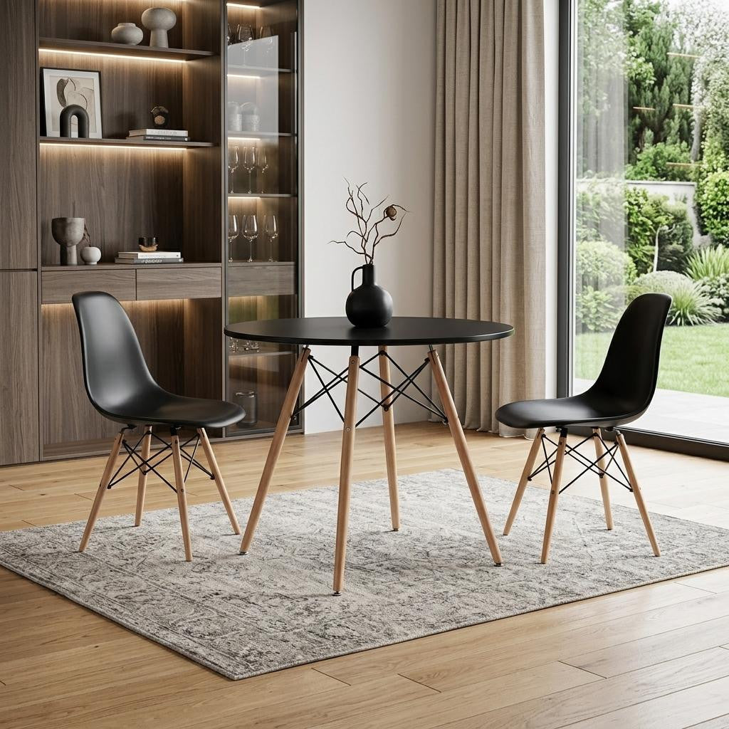 32 Black and Natural Wood Round Top Dining Table