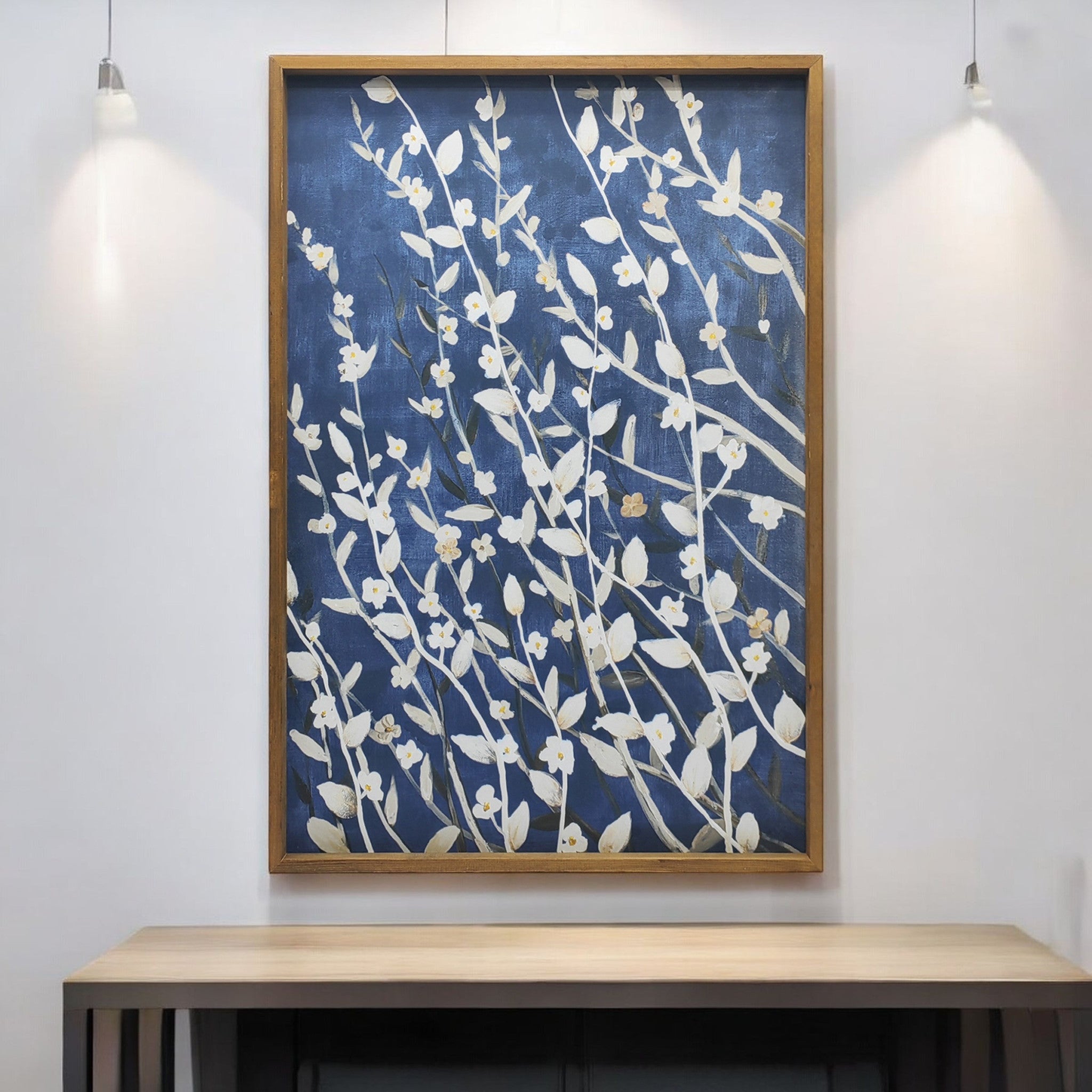 Azure Blossoms Brown Framed Canvas Wall Art