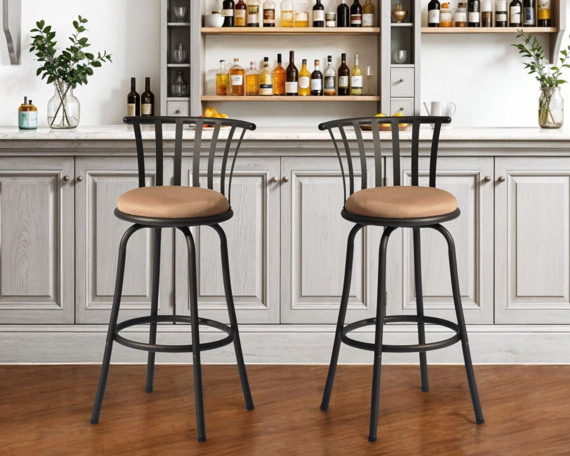 Set of Two 29'' Brown and Black Microfiber and Metal Low Back Bar Height Swivel Bar Chairs