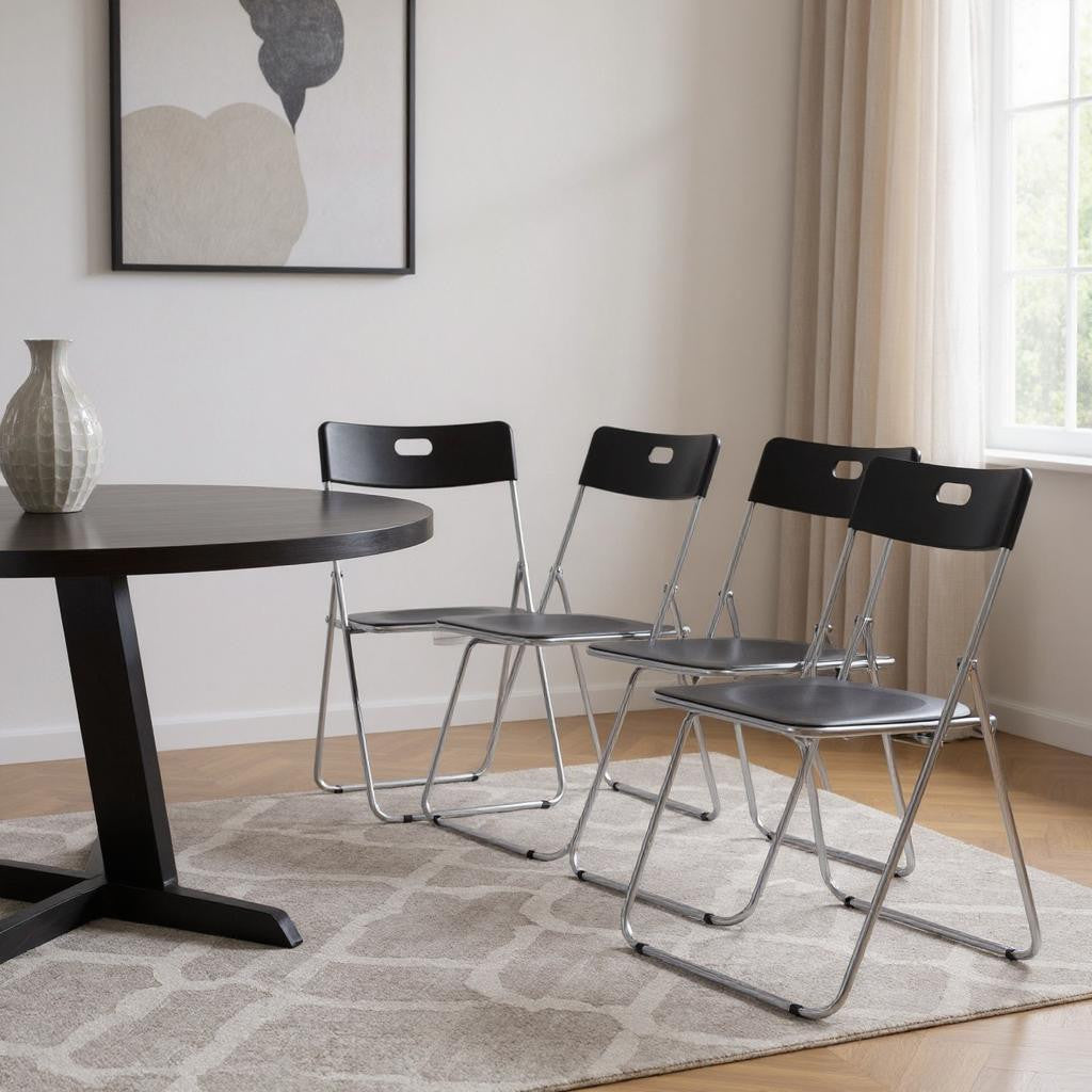 Set of Four Black and Silver Open Back Dining Side Chairs