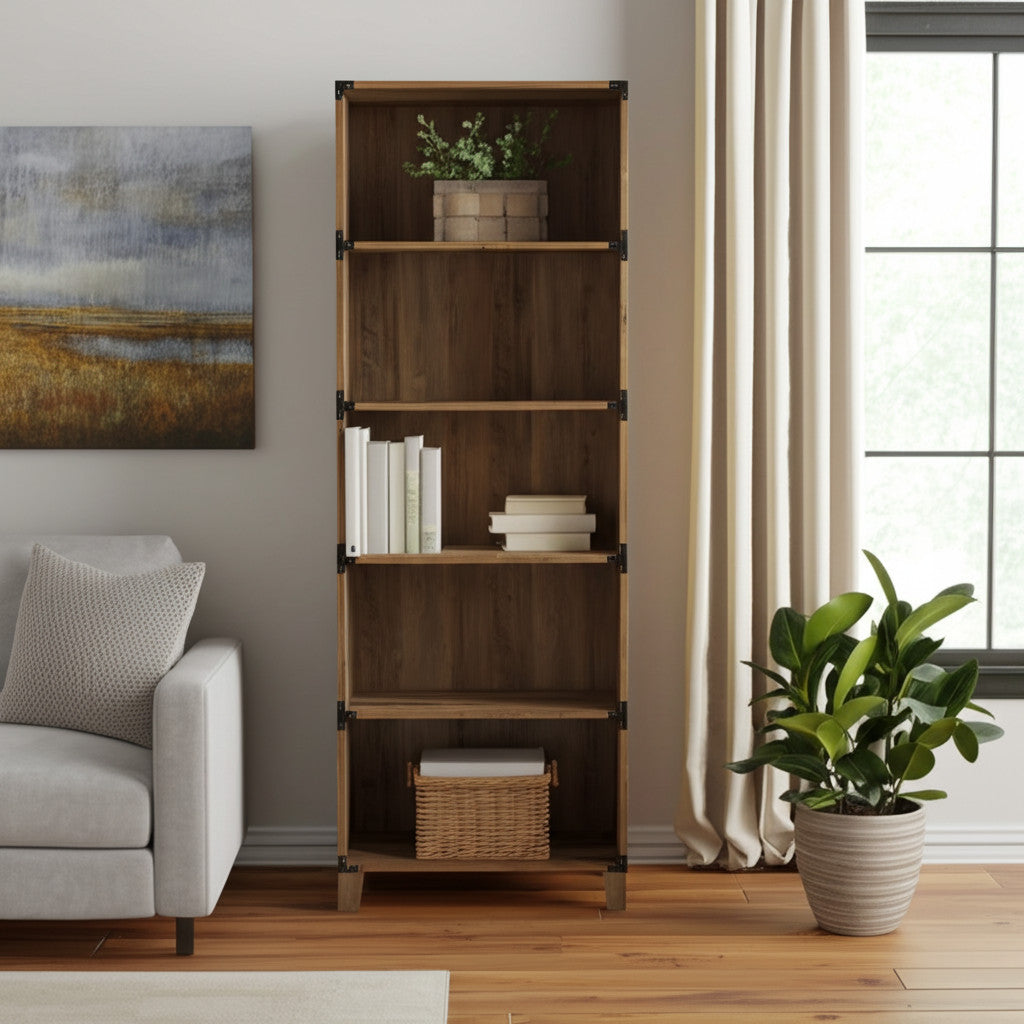 71 Oak Distressed Wood Five Tier Etagere Bookcase