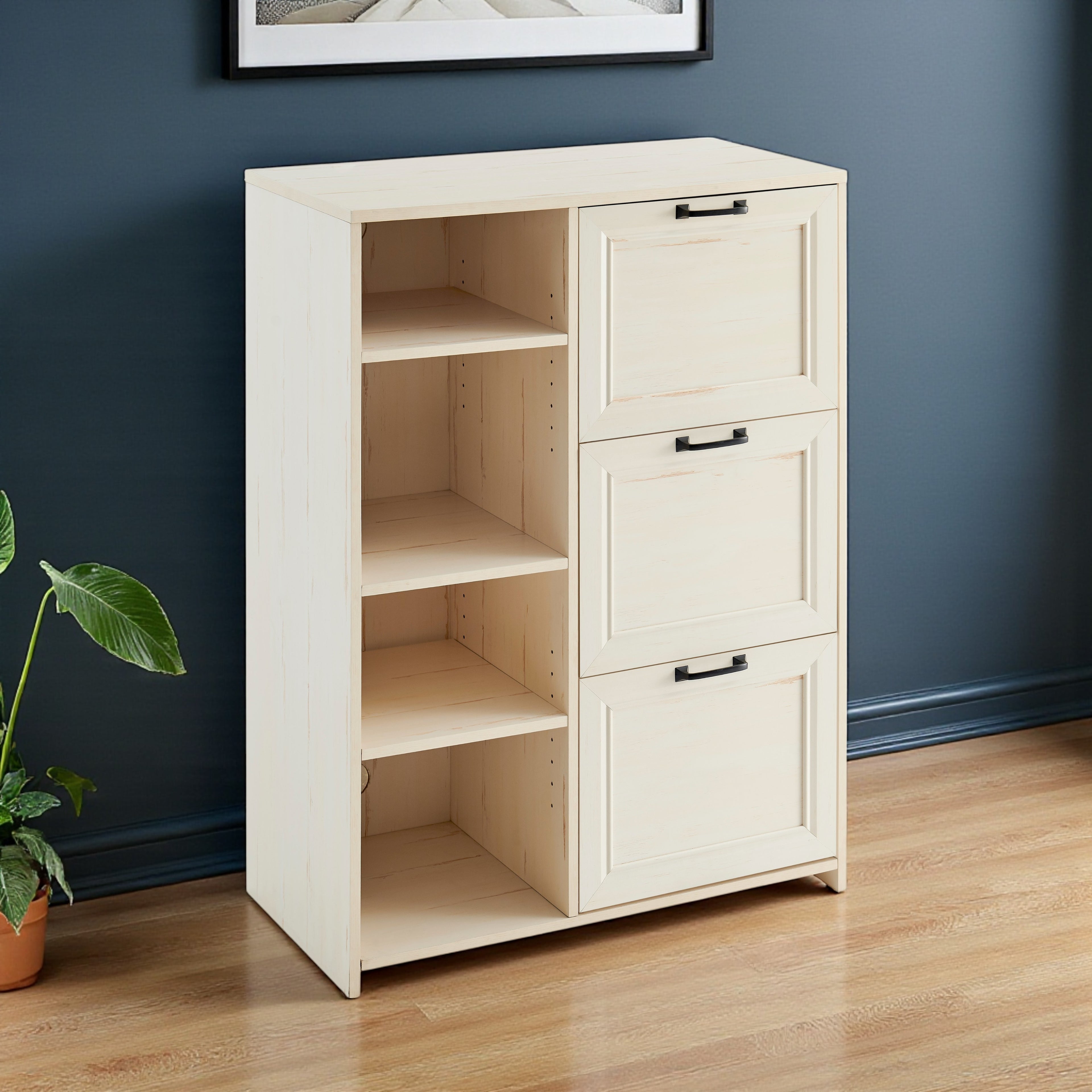 43 Antiqued White Distressed Wood Three Drawers Filing Cabinet