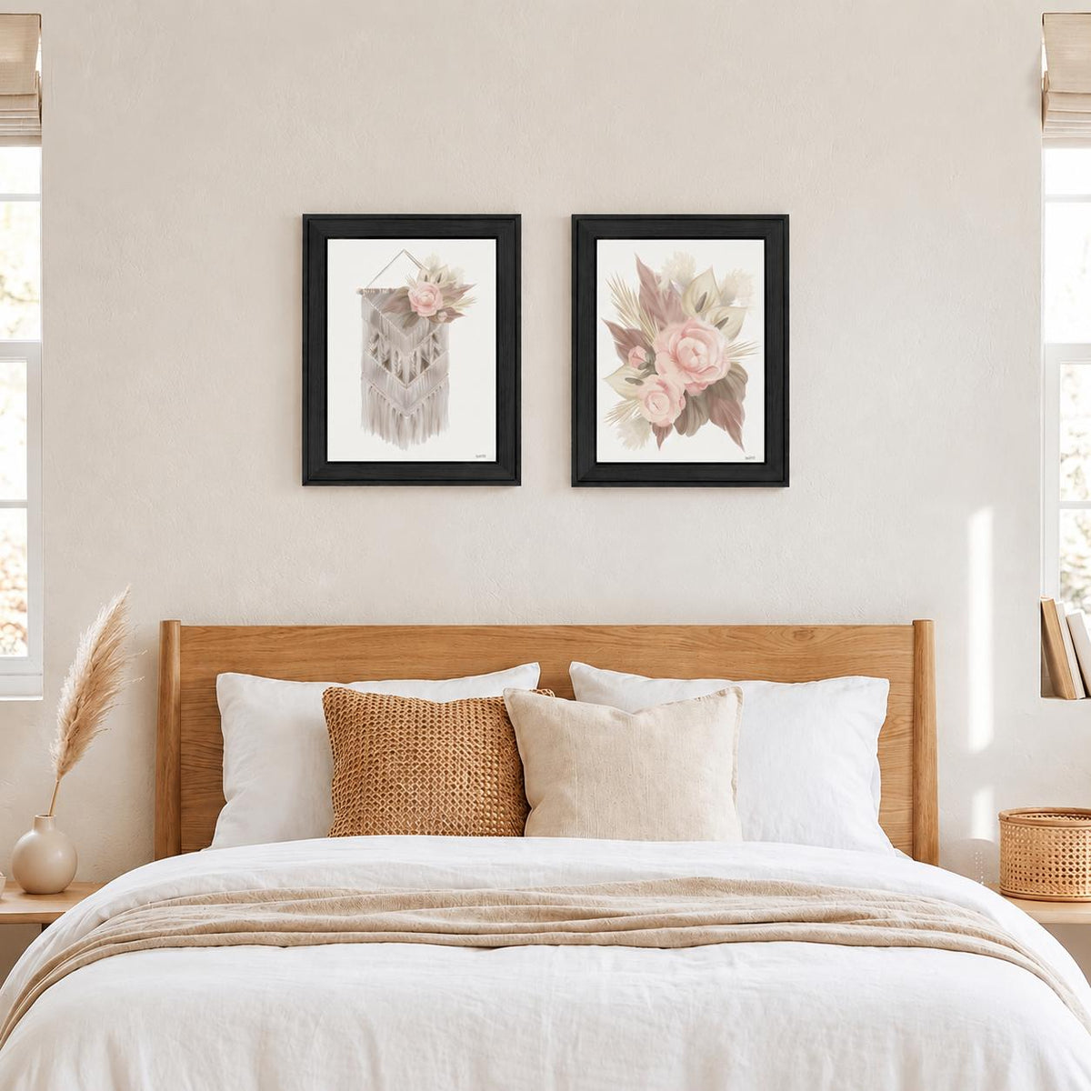Set Of Two Boho Macrame And Florals Black Framed Wall Art