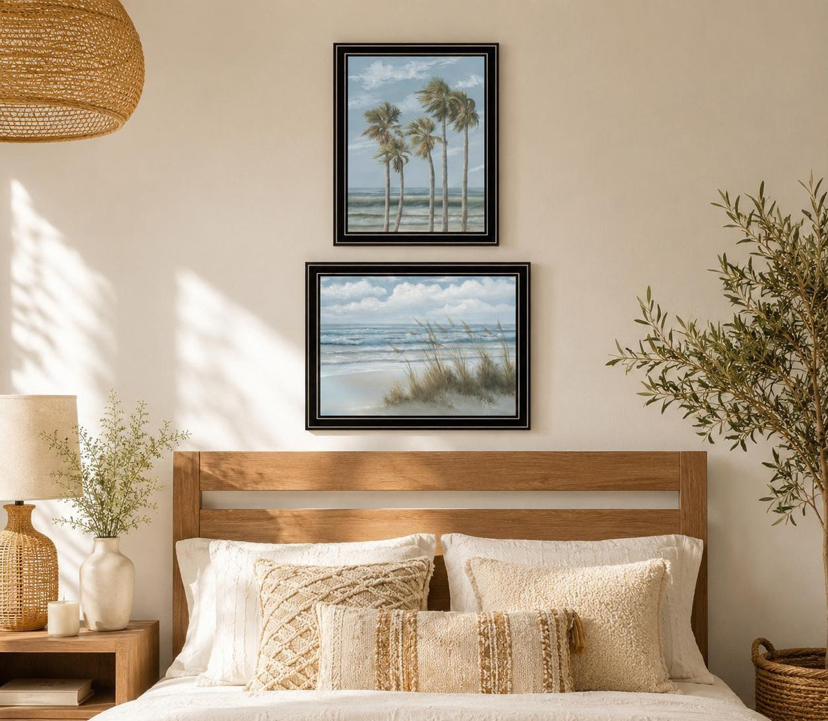 Set Of Two Winds Of The Ocean Blowing Palm Trees Black Framed Wall Art