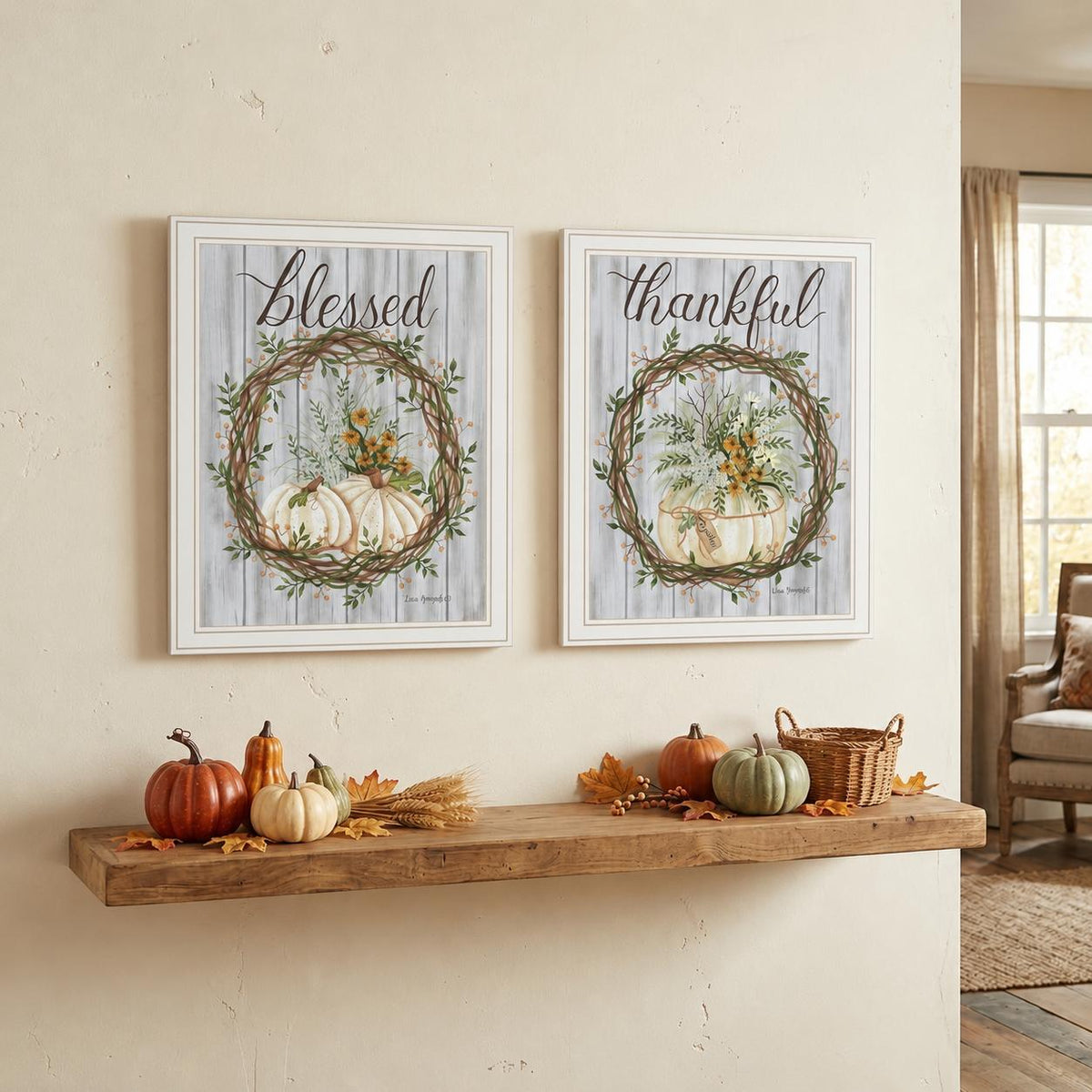 Set Of Two Thankful and Blessed Pumpkins White Framed Wall Art