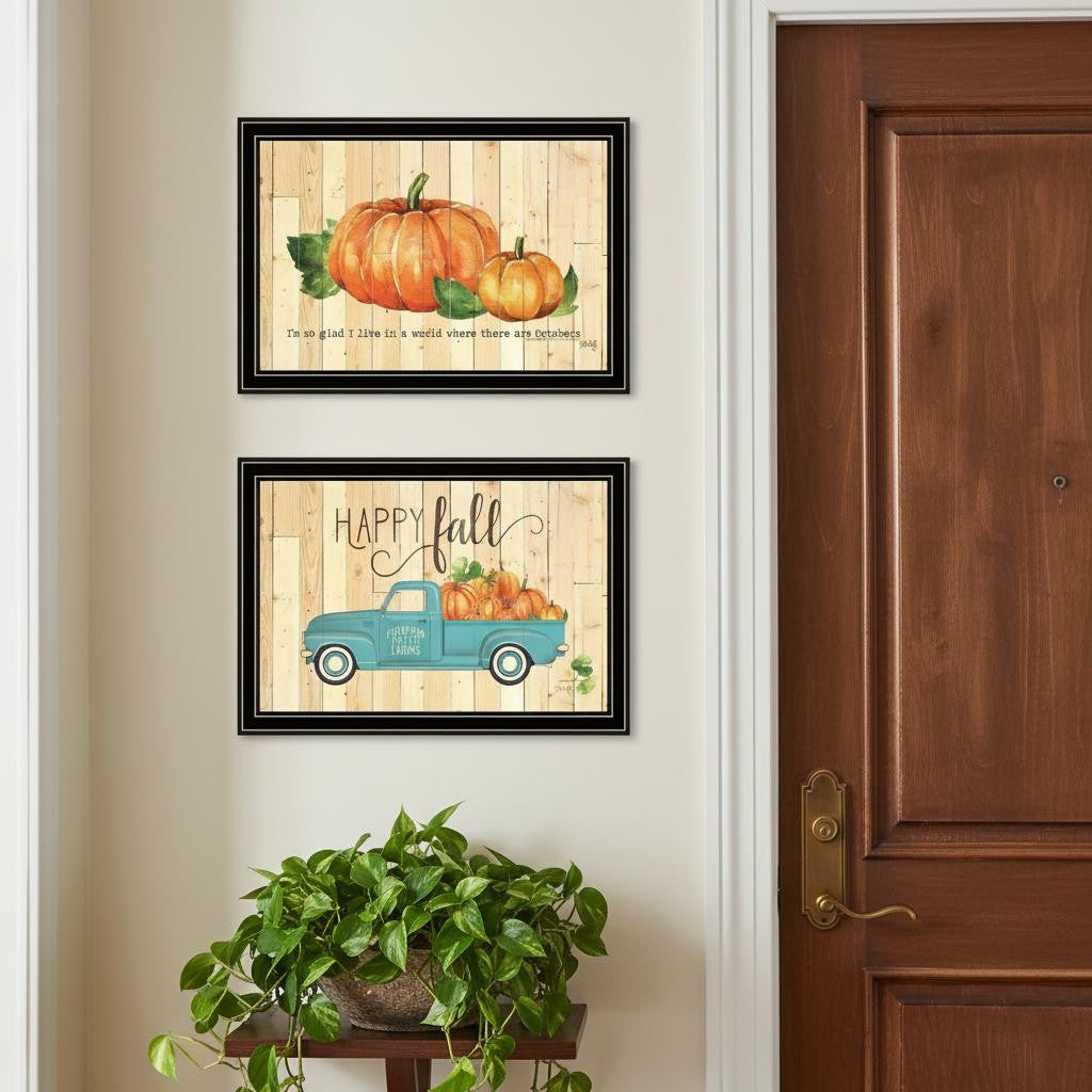Set Of Two Happy FallOctober Pumpkins Black Framed Wall Art