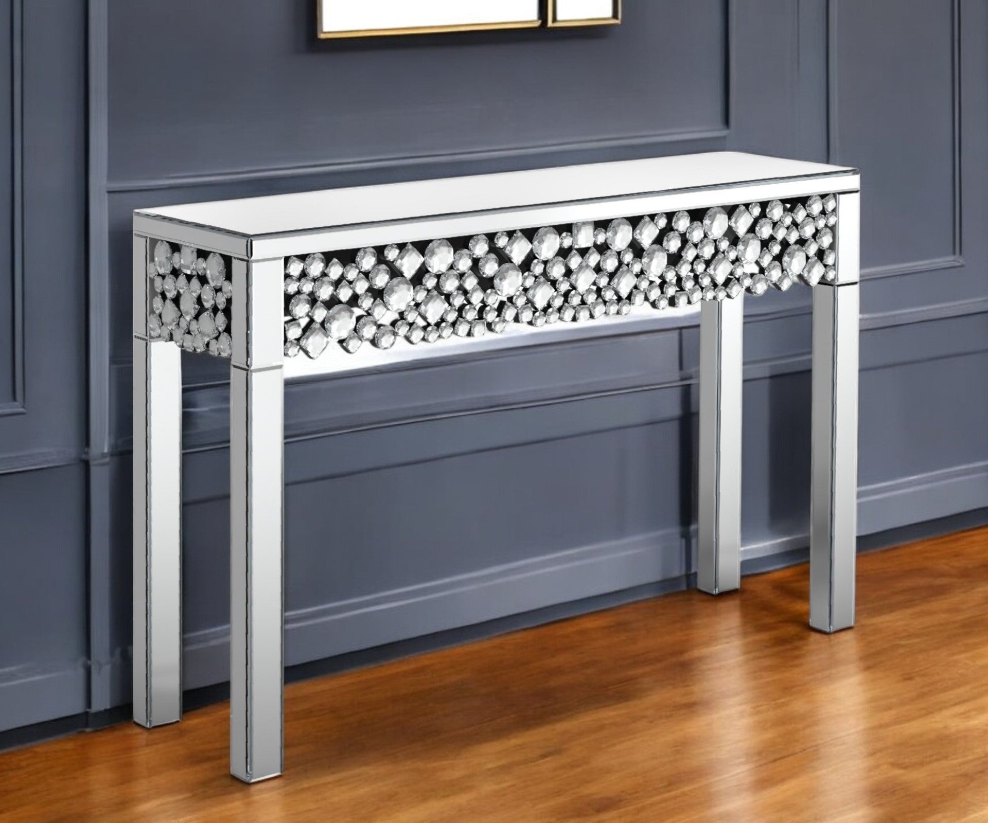 47'' Silver Mirrored Glass Faux Crystal Bling Console Table