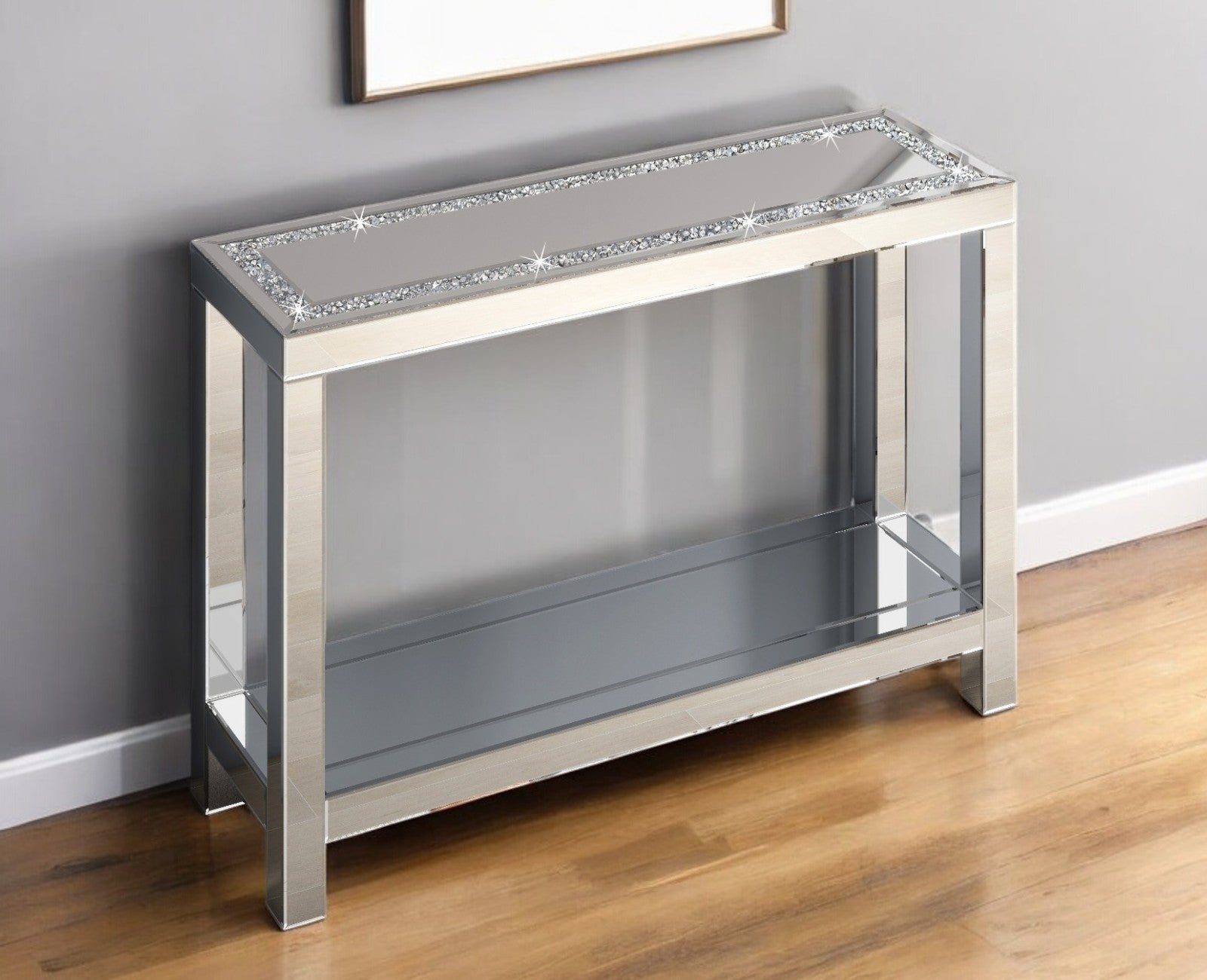 47'' Silver Mirrored Glass And Faux Crystals Console Table With Shelf