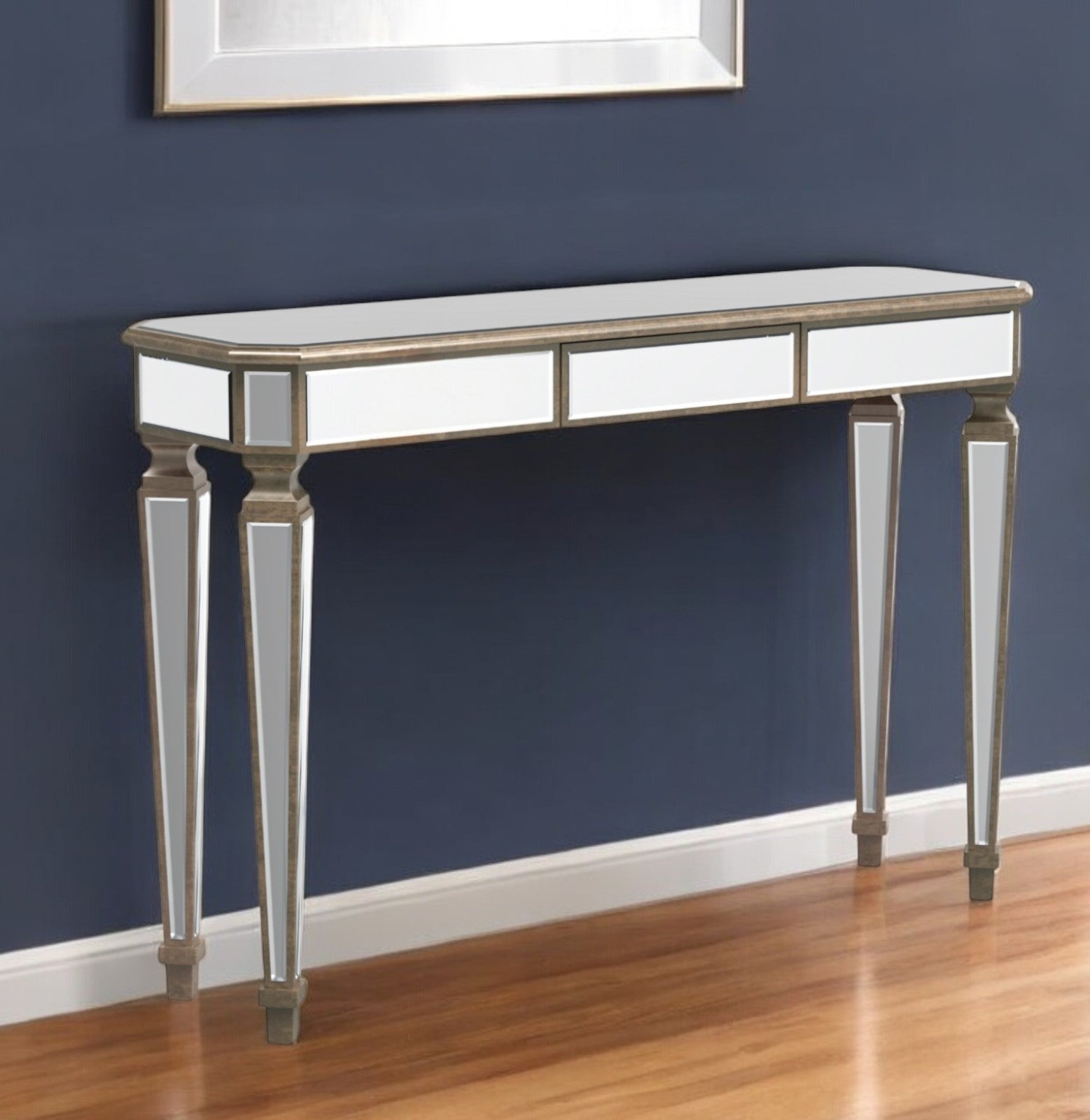 47'' Silver and Gold Mirrored Glass Console Table With Drawer