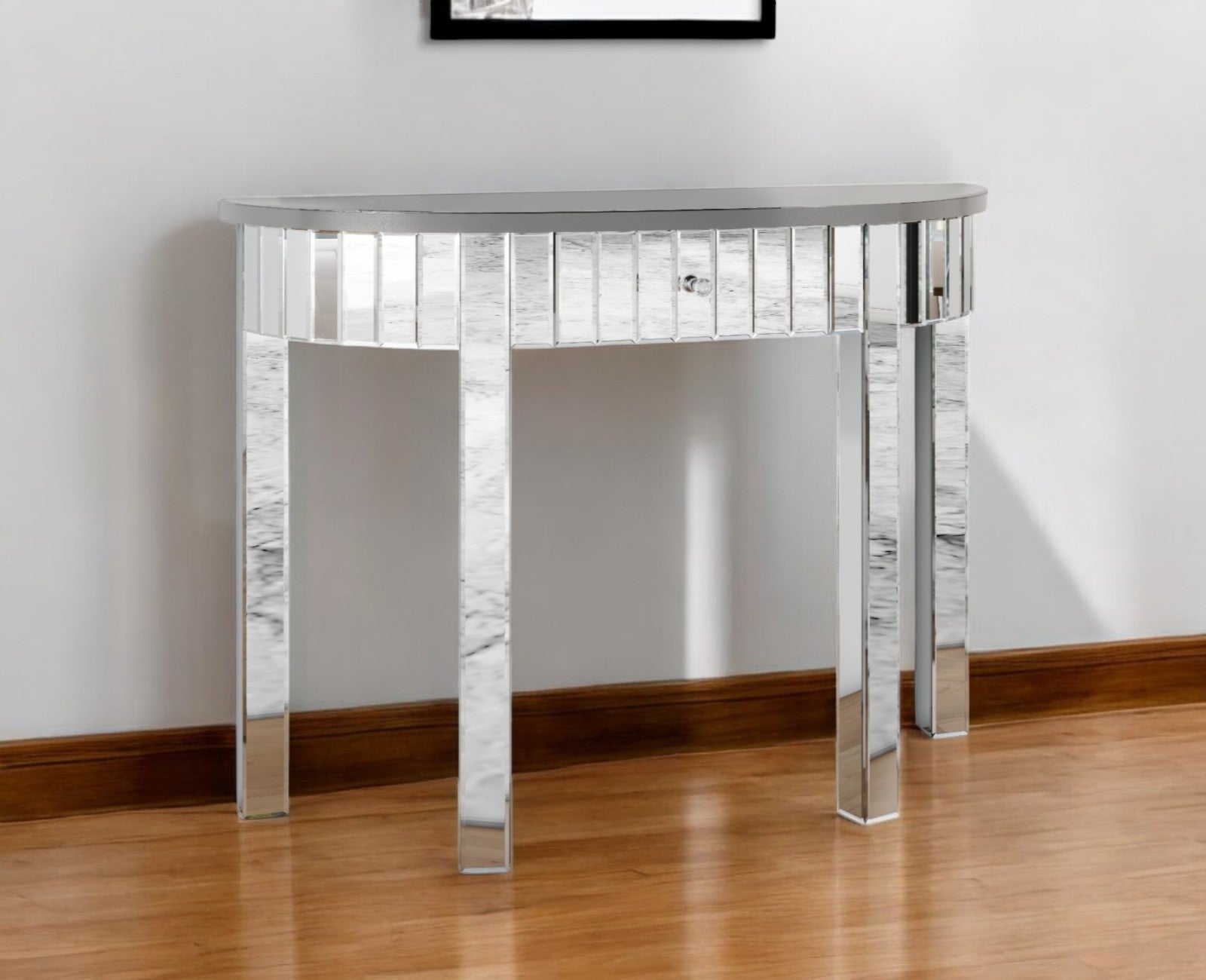 39'' Silver Mirrored Glass Half Moon Console Table With Drawer