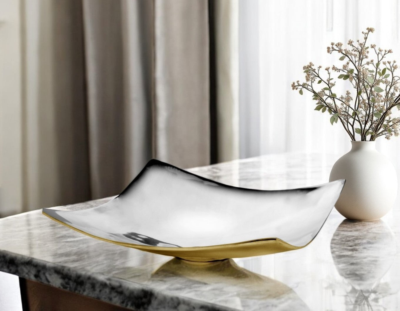 16'' Silver And Gold Aluminum Square Pedestal Centerpiece Bowl