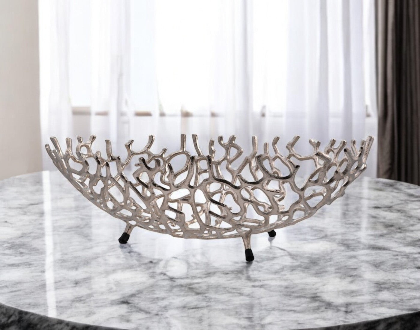 22'' Silver Aluminum Faux Coral Oval Centerpiece Bowl