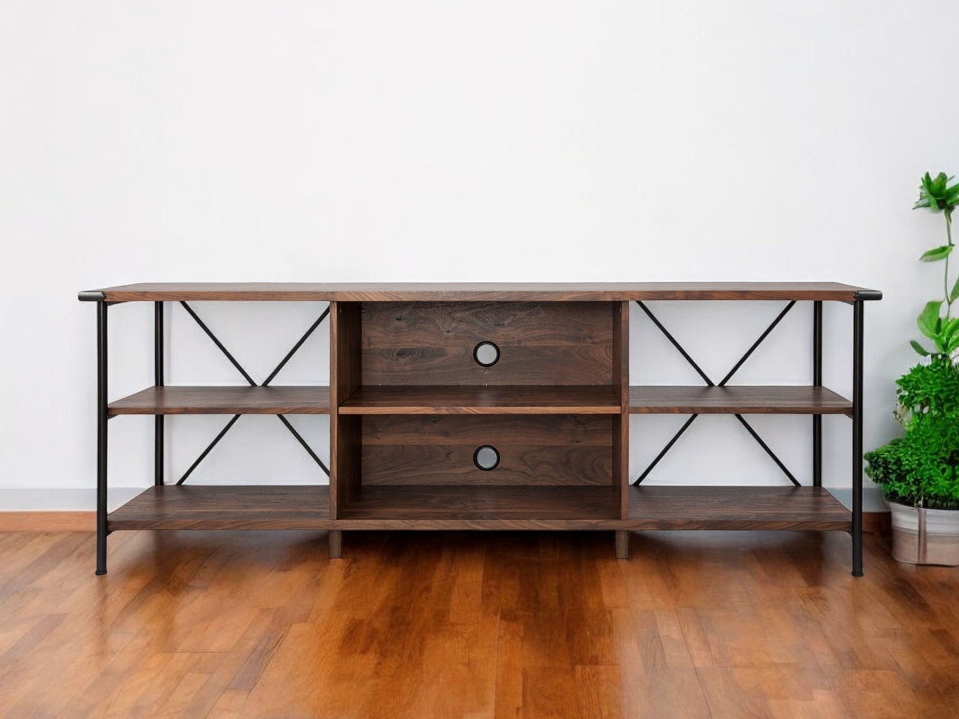 65'' Walnut And Black Wood And Steel Open Shelving TV Stand