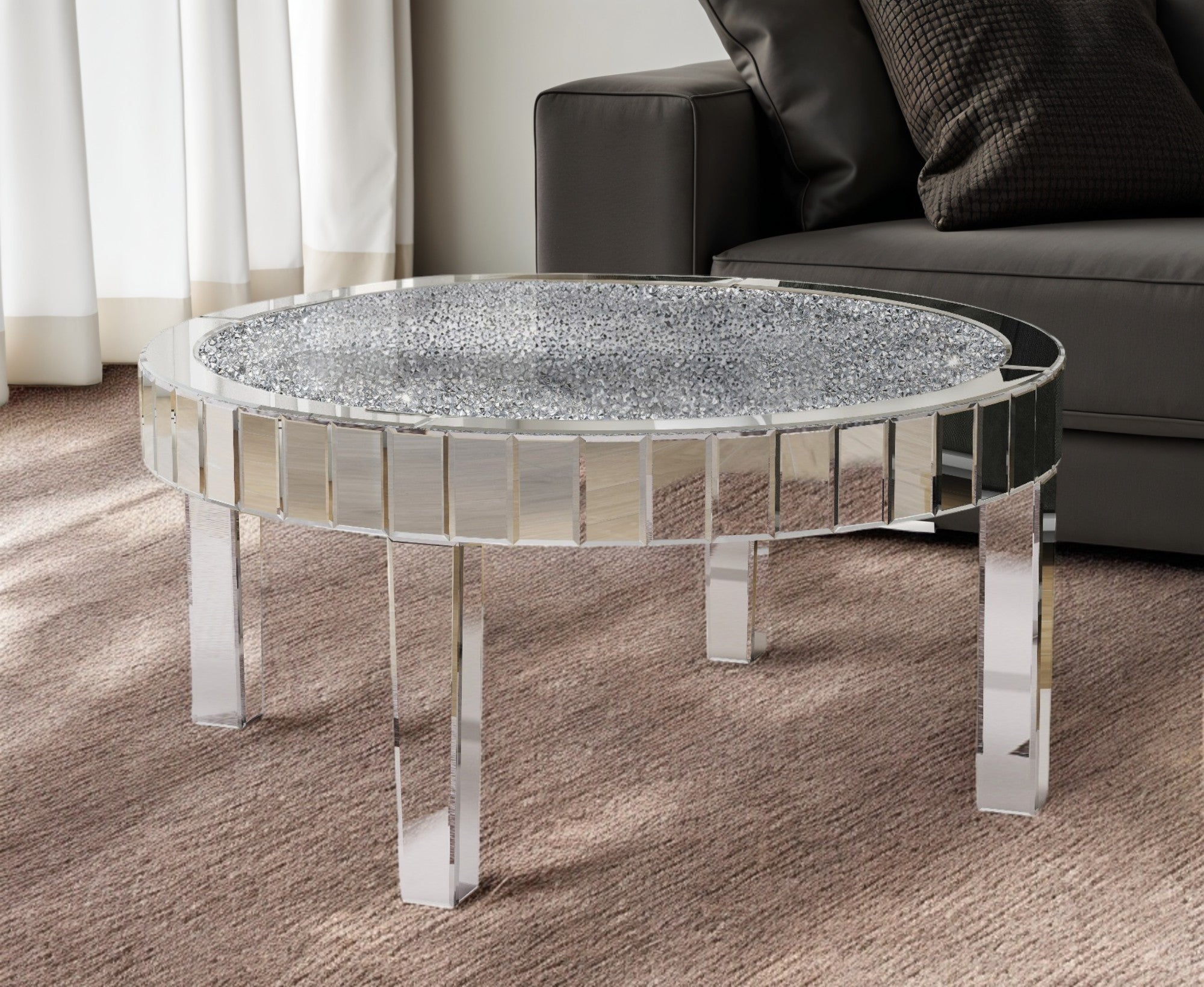 31'' Silver Mirrored Glass and Faux Crystal Round Coffee Table