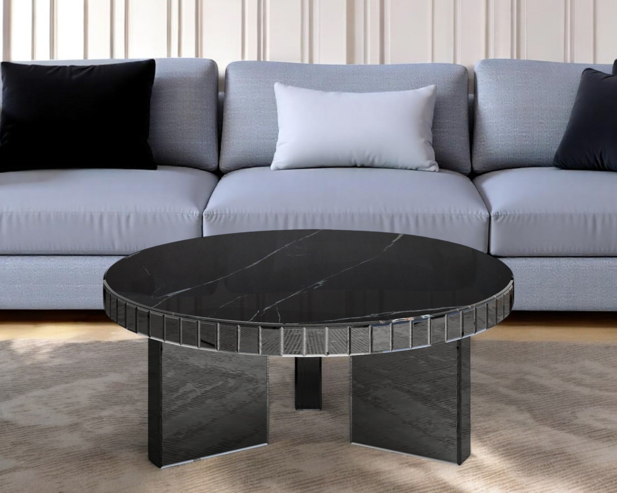 35'' Silver And Black Mirrored Glass and Faux Marble Round Coffee Table