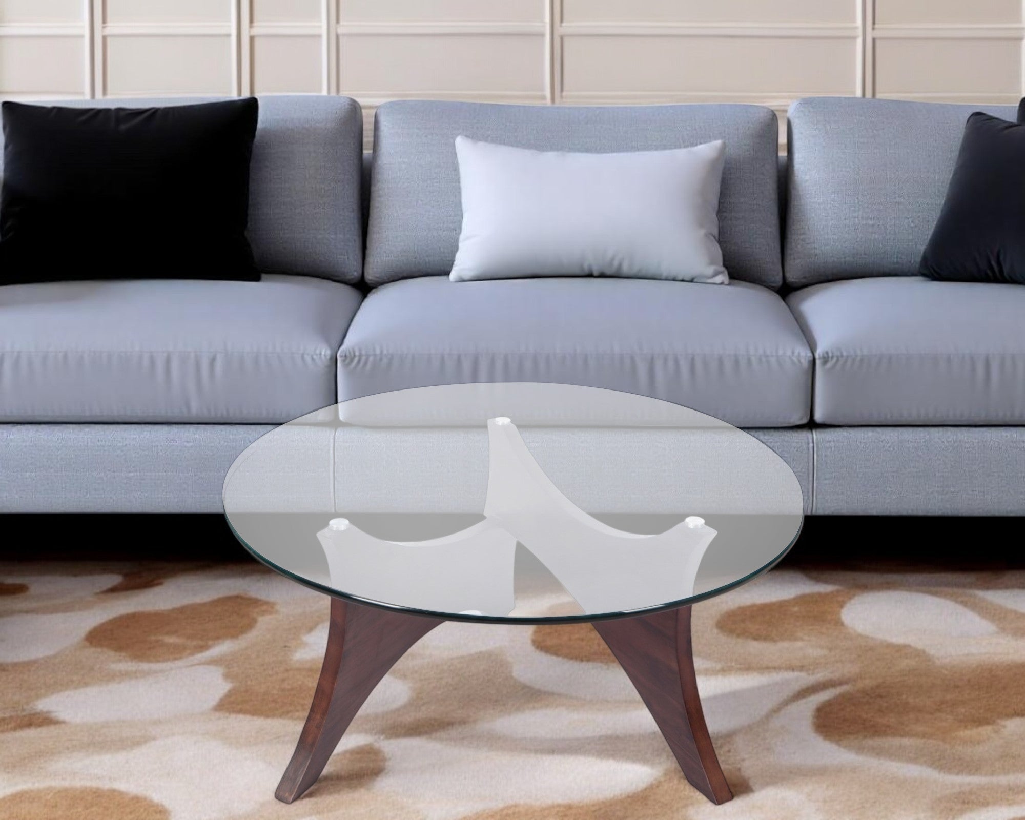 35'' Clear And Brown Glass And Wood Round Coffee Table