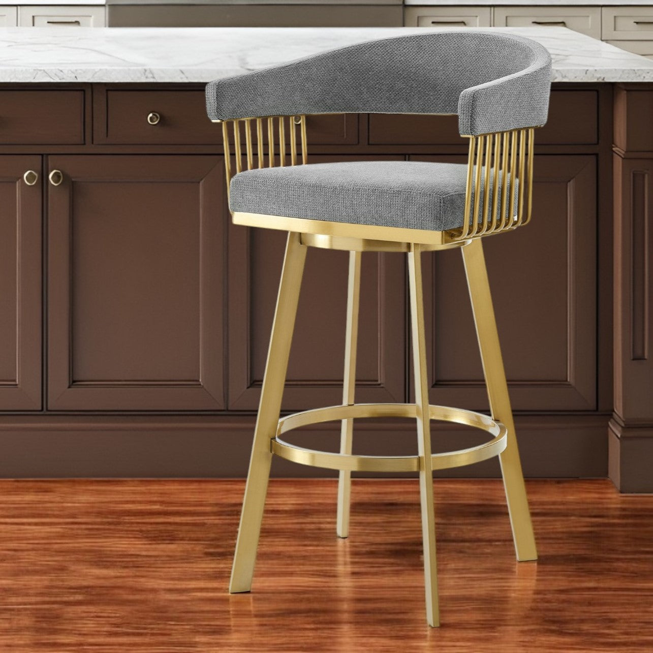 26'' Gray and Gold Fabric and Stainless Steel Low Back Counter Height Swivel Bar Chair