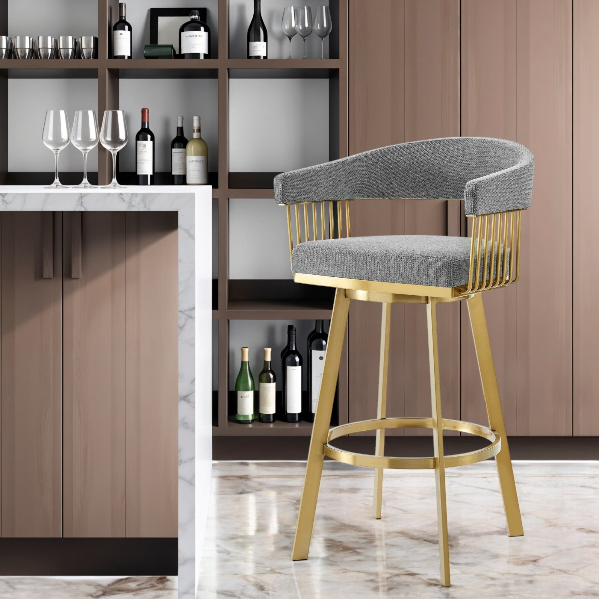 30'' Gray and Gold Fabric and Stainless Steel Low Back Bar Height Swivel Bar Chair